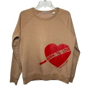 Scotch & Soda BORN TO LOVE Heart Graphic Crewneck Sweatshirt Size Large Tan Red